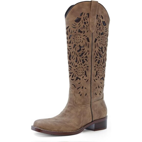 Shoes - Women's Brown Embroidered Cowgirl Comfortable Western Square Toe Tall Boots